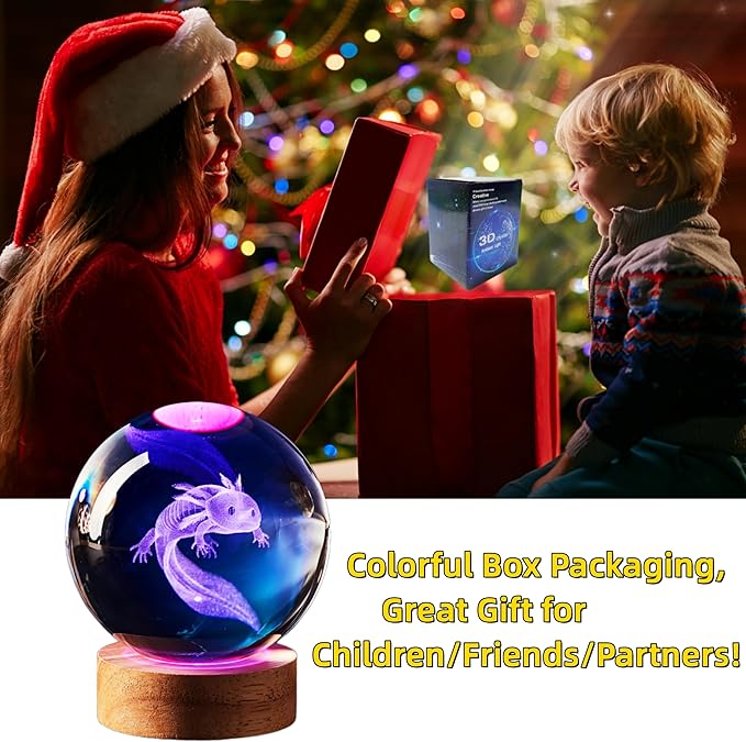 Axolotl Lamp,3.15 inch Axolotl Crystal Ball Lamp,Upgraded 3D K9 Axolotl Crystal Ball Night Light with Wooden Base,16 Colors Change with Remote Control, Axolotl Glass Ball Lamp,Axolotl Gift (E)