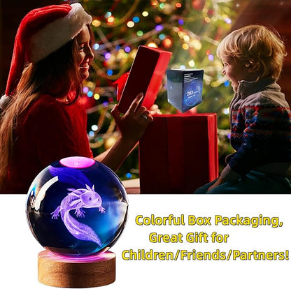 Axolotl Lamp,3.15 inch Axolotl Crystal Ball Lamp,Upgraded 3D K9 Axolotl Crystal Ball Night Light with Wooden Base,16 Colors Change with Remote Control, Axolotl Glass Ball Lamp,Axolotl Gift (E)
