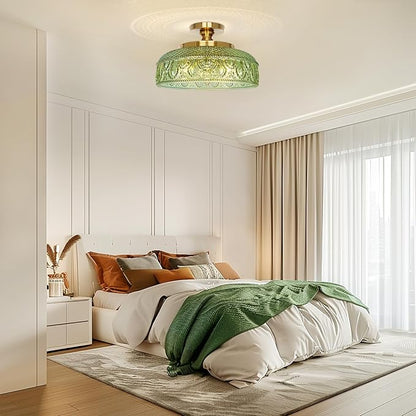 Lamomo Semi Flush Mount Ceiling Light, Upgraded Larger 12 Inch Green Hallway Light Fixture, 3 Light Globe Glass Close to Ceiling Scone, Indoor Hanging Light for Bedroom Kitchen Porch Hallway