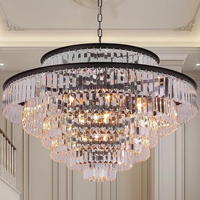 Large Crystal Chandelier Modern Luxury Pendant Ceiling Lights Fixture Hanging Raindrop Pendant Light Fixture for Dining Room Bedroom Living Room -Brown, 39 Inch