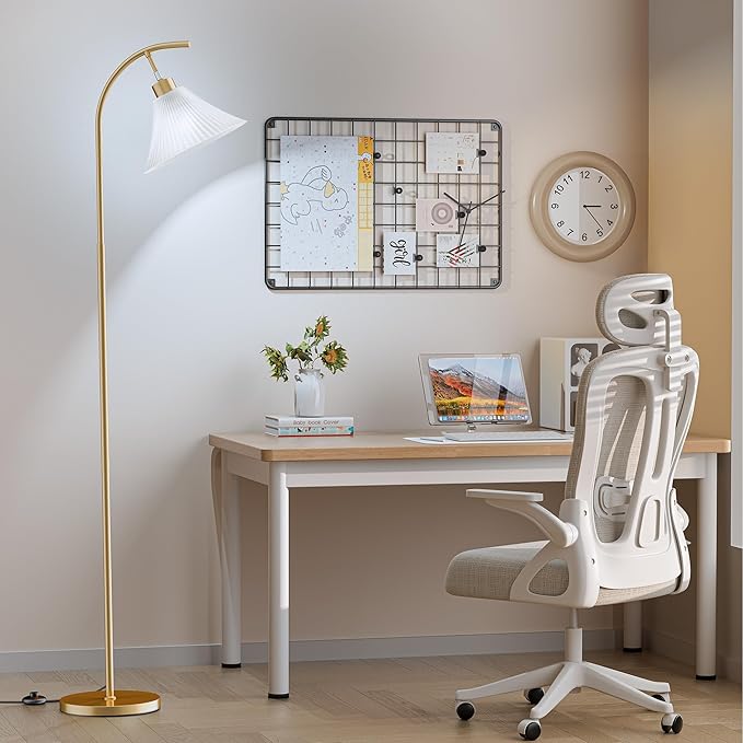 SIBRILLE Gold Floor Lamp with Remote, Dimmable Glass Arc Standing Lamp, Ribbed Frosted Glass Shade, 3 Color Temperatures, Foot Switch, 9W LED Bulb for Living Room Bedroom Office
