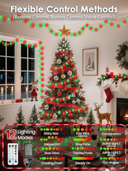 2026 New Connectable 43FT Smart Voice Controlled String Lights Indoor Outdoor | 100LED Red and Green Globe Fairy Lights with Remote, 12 Modes Waterproof Hanging Light for Bedroom Classroom Decor