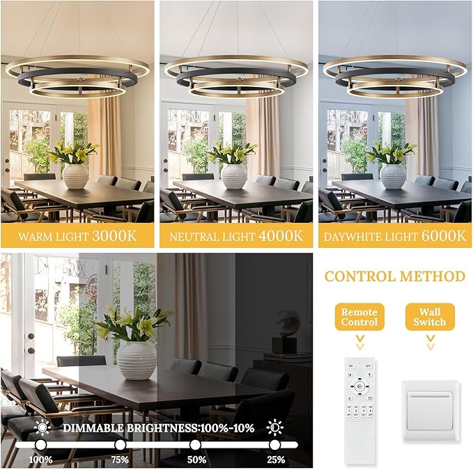 3 Ring LED Chandelier Black Gold Round Chandeliers Light Fixture 31in Dimmable Modern Circular Chandeliers Brass Gold Chandelier Light for Foyer Dining Room Bedroom Office Living Room Entryway
