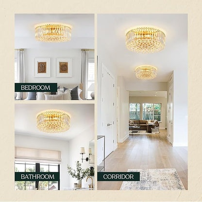 17.3" Gold K9 Crystal Raindrop Flush Mount Ceiling Light, Modern Chandelier, Round Luxury Light Fixture for Dining Room, Bedroom, Hallway, Kitchen Island & Living Room