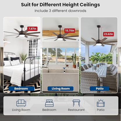 60 Inch Ceiling Fans with Lights and Remote, Dual Color 6 Blades, Bedroom Living Room Office Library Cafe Outdoor Industrial, 3CCT Dimmable, 6 Speed Reversible Quiet DC Motor, Brown/Wood Grain