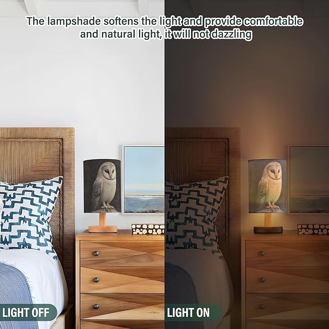 Table Lamp Owl Night Sky Nightstand Lamp with Wood Base Fabric Lamp Shade Bedside Desk Lamp for Living Room Bedroom Kids Room Office