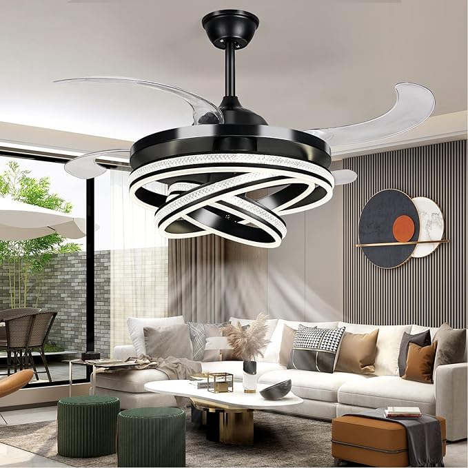 DatingDay 42" Invisible Ceiling Fan Chandelier Light,Modern Crystal DIY Ceiling Fan Light Remote Control 4 Retractable ABS Blades for Bedroom Living Dining Room Decoration (42", Black)