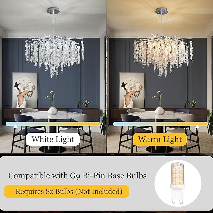 Modern Crystal Tree Branch Chandelier, D23.7'' Silver Round Raindrop Indoor Hanging Pendant Light Fixture for Dining Room Living Room Bedroom 8 Lights