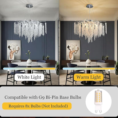 Modern Crystal Tree Branch Chandelier, D23.7'' Silver Round Raindrop Indoor Hanging Pendant Light Fixture for Dining Room Living Room Bedroom 8 Lights