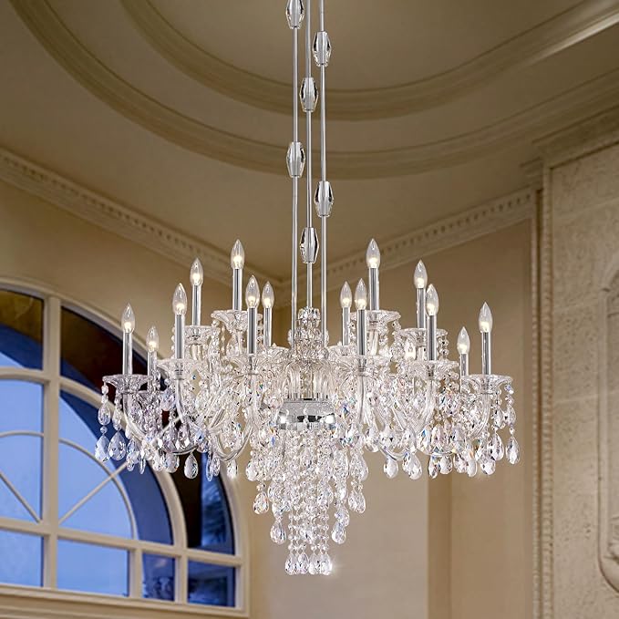 18-Light Crystal Candle Chandelier, Chrome Chandelier for Foyer, Staircase & High Ceiling Living Room, Adjustable Height, E12 Base