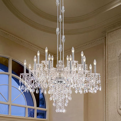 18-Light Crystal Candle Chandelier, Chrome Chandelier for Foyer, Staircase & High Ceiling Living Room, Adjustable Height, E12 Base