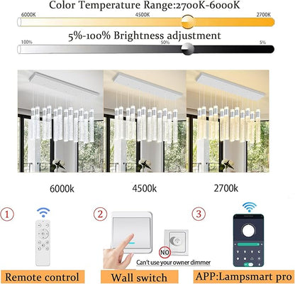 Glam Rectangular Crystal Column Chandelier for High Ceiling 12-Lights Silver LED Dimmable Pendant Light for Kitchen Island Dining Room Entrance Foyer Living Room Adjustable Height