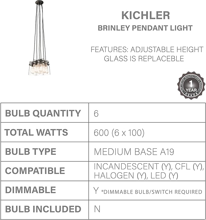 Kichler Brinley 7.75" 6 Light Pendant with Clear Glass Olde Bronze®