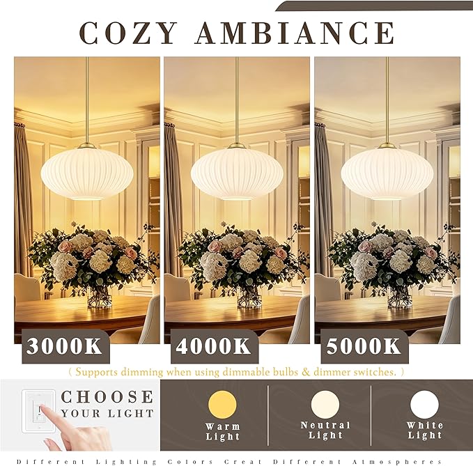 12" Milky White Glass Modern Pendant Light Kitchen Island Brushed Gold Mid Century Modern Pendant Lighting with Frosted Glass Hanging Pendants Light for Bedroom（Bulb Incl.）