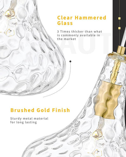 AUTELO Gold Pendant Lights, 10" Hammered Pendant Lights Kitchen Island, Farmhouse Hanging Lights in Brushed Gold Finish and Clear Hammered Glass, Hanging Light Fixture for Kitchen Island, H9164 HMBG