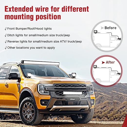 Nilight 2PCS 16 AWG 20 Feet Wiring Harness Extension Kit for LED Light bar Work Light LED Pods Off Road Lights Driving Fog Light Boat Lighting, 2 Years Warranty