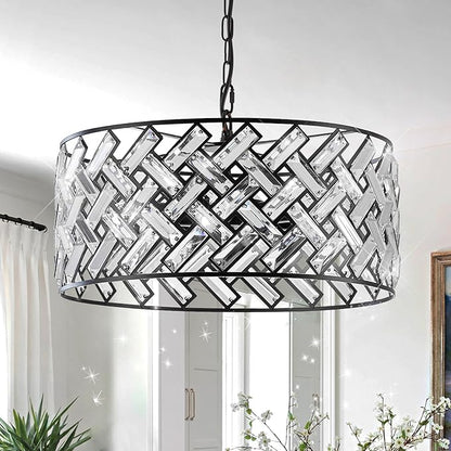 Crystal Ceiling Light Black Modern Chandelier 18" Pendant Light 6-Light Convertible Semi Flush Mount Lighting Drum Semi Flush Mount Hanging Drum Shade for Kitchen Island Dining Room Bedroom Hallway