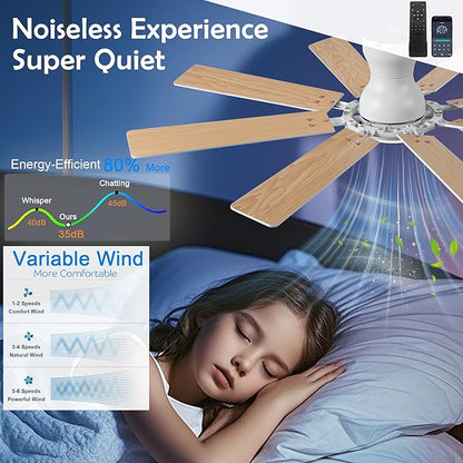 Ceiling Fans with Lights, 54 inch Low Profile Ceiling Fan with Light and Remote Control, Flush Mount Ceiling Fan for Bedroom, Living Room, Reversible, 3CCT, Dimmable, Noiseless DC Motor, White