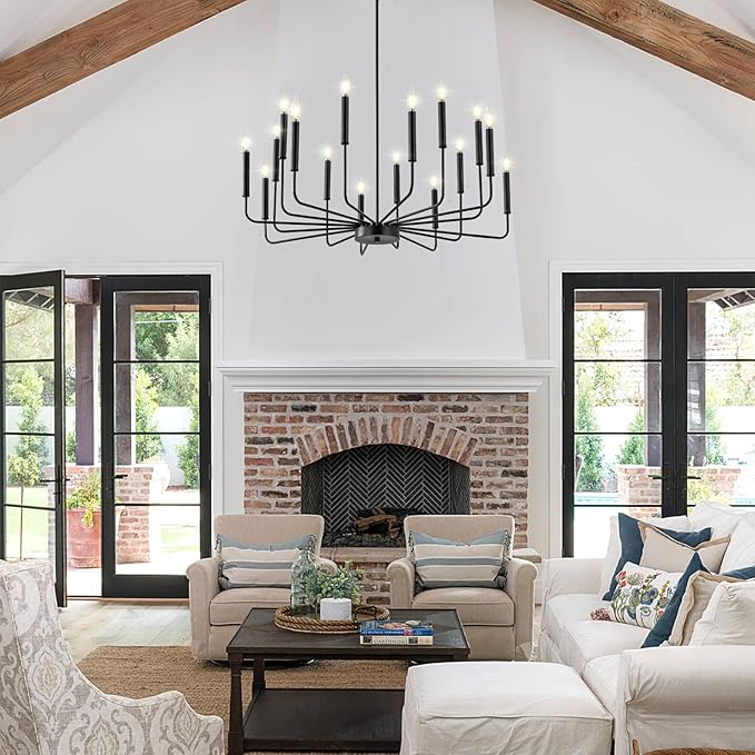 WOKNOS Modern Black Farmhouse Chandeliers, 16-Light Industrial Metal Chandelier Lighting, Classic Candle Hanging Pendant Light Fixtures for Kitchen Island, Living Room, Dining Room, Stair