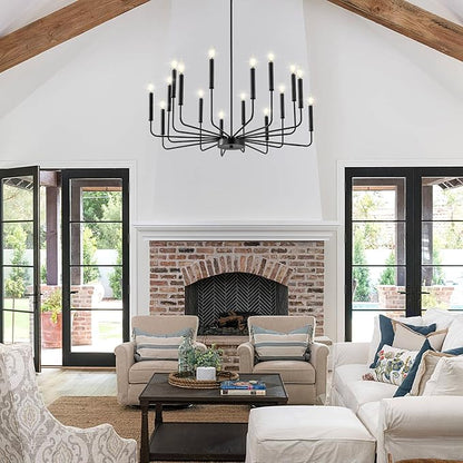 WOKNOS Modern Black Farmhouse Chandeliers, 16-Light Industrial Metal Chandelier Lighting, Classic Candle Hanging Pendant Light Fixtures for Kitchen Island, Living Room, Dining Room, Stair