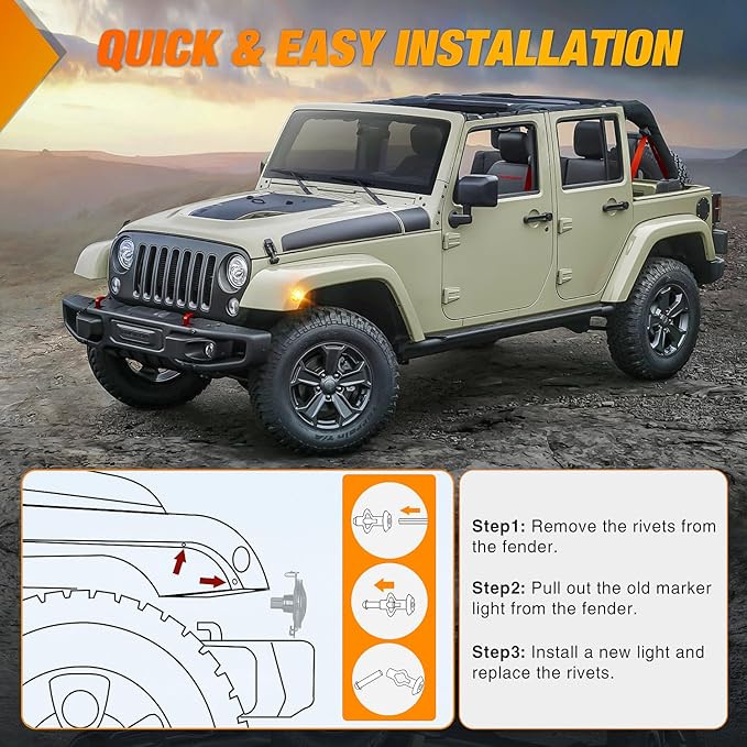 Nilight JK Side Marker Light 8LED Smoked Lens Amber Front Fender Indicator Turn Signals Lights IP67 Waterproof Clearance Lamp Compatible with 2007-2017 Wrangler JKU