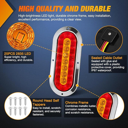 Nilight Trailer Tail Light 2PCS 6Inch Oval 23 LED Red Amber Chrome Frame Marker Clearance Stop Brake Turn Signal Running Taillight IP67 Waterproof for Trailer Truck Pickup Camper RV
