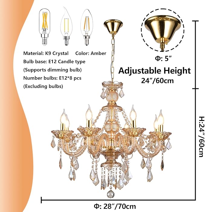 8-Light Amber Crystal Chandelier, K9 Crystal Modern Luxurious Crystal Candle Pendant Light, Luxury Crystal Ceiling Light Fixtures for Living Room, Kitchen, Dining Room (8 Lights)