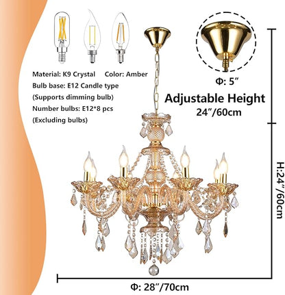 8-Light Amber Crystal Chandelier, K9 Crystal Modern Luxurious Crystal Candle Pendant Light, Luxury Crystal Ceiling Light Fixtures for Living Room, Kitchen, Dining Room (8 Lights)