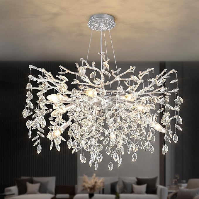 EGM 32-Inch Silver Tree Branch Chandelier for Living Room, Modern Crystal Chandelier for Bedroom, 10-Light Silver Crystal Chandeliers for Dining Room, Raindrop Leaf Chandeliers for Home Décor, E12