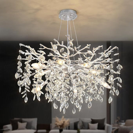 EGM 32-Inch Silver Tree Branch Chandelier for Living Room, Modern Crystal Chandelier for Bedroom, 10-Light Silver Crystal Chandeliers for Dining Room, Raindrop Leaf Chandeliers for Home Décor, E12