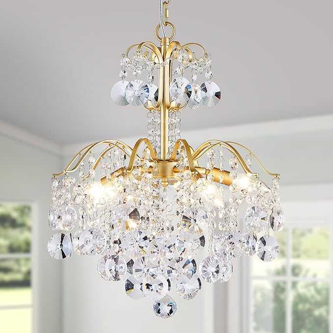 WUZUPS 5-Light Crystal Chandelier Pendant Ceiling Light Modern Lighting Fixture for Bedroom Hallway Bar Kitchen Bathroom, H 20.3" W17.1, E12 Base, Gold
