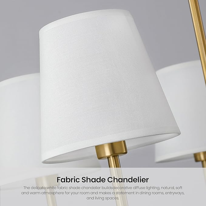 RUIYEY Dining Room Chandeliers Light - 5-Light Gold Modern Chandeliers Light Fixtures with White Fabric Shade, Height Adjustable Pendant Island Light for Entryway Farmhouse