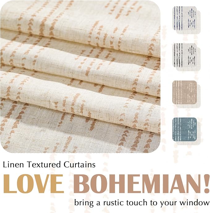 jinchan Boho Kitchen Curtains Linen Tier Curtains 45 Inches Bohemian Cafe Small Drapes Striped Mudcloth Farmhouse for Bathroom RV Camper Light Filtering Rod Pocket 2 Panels Taupe on Beige