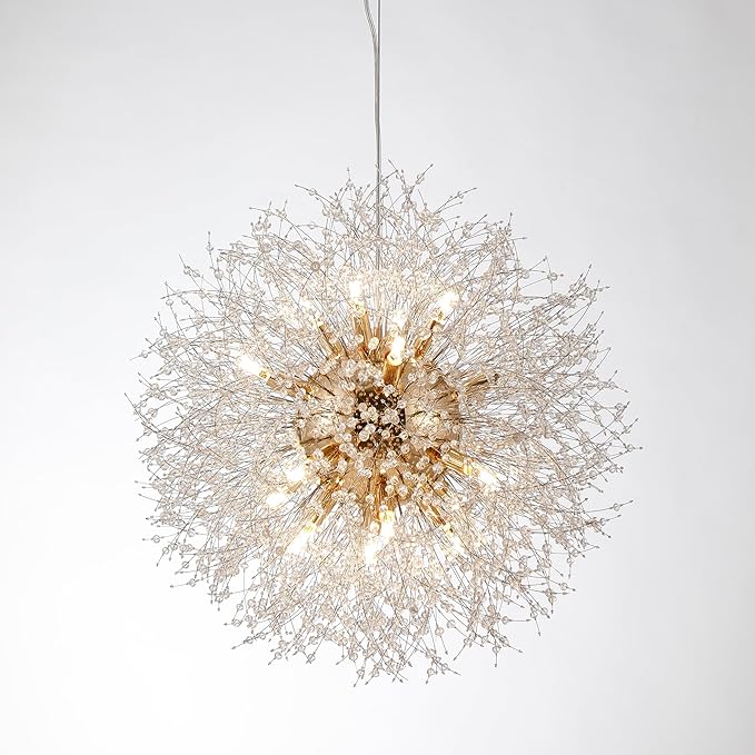Modern Sputnik Chandelier, 16 Lights Dandelion Crystal Chandelier, Gold Firework Chandelier Pendant Light Fixture for Foyer Living Room Bedroom