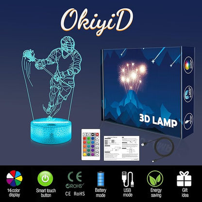 OkiyiD Lacrosse Gifts for Boys Men,Lacrosse Night Light 3D Illusion Lamp with 16 Colors Remote Control,Lacrosse Accessories Stuff Gifts for Boys Athletes Birthday Xmas Decor