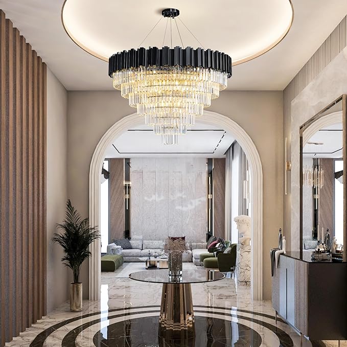 40" Black Chandelier, 21-Light Modern Crystal Chandelier, 7-Tier Round Chandeliers for Dining Room, Living Room, Bedroom, Foyer, Entryway, Kitchen, Restaurant, Luxury Tiered K9 Crystal Light Fixture