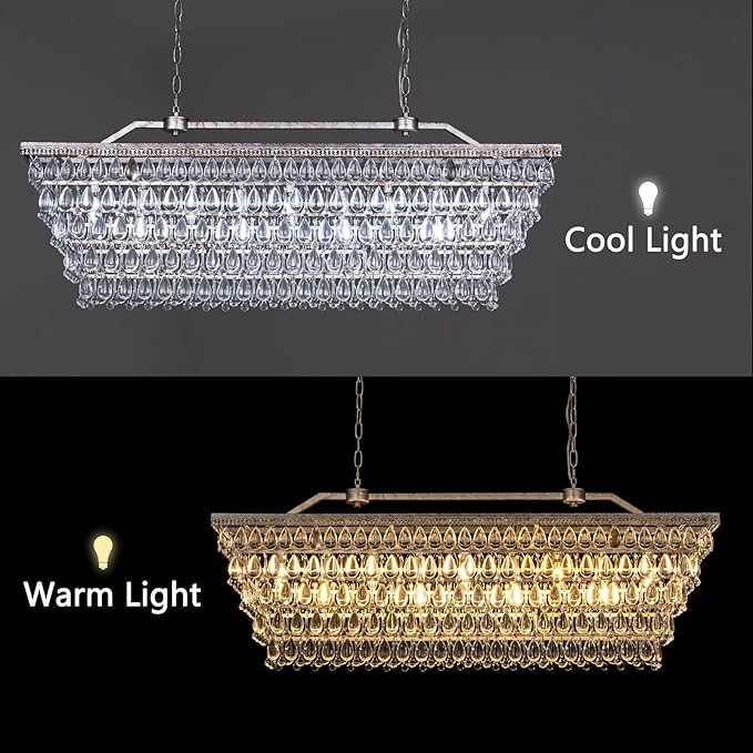 Wellmet Dining Room Crystal Rectangle Chandelier, 48 Inch Antique Silver, 9 Lights Farmhouse Chandelier for High Ceiling, Kitchen Island, Living Room, Entryway