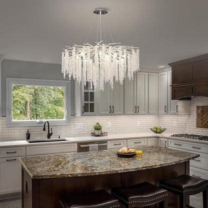 Crystal Tree Branches Chandeliers Luxury Round Raindrop Pendant Light Fixture Ceiling Hanging Light for Dining Room Bedroom Living Room Entryway D31.5“ Silver