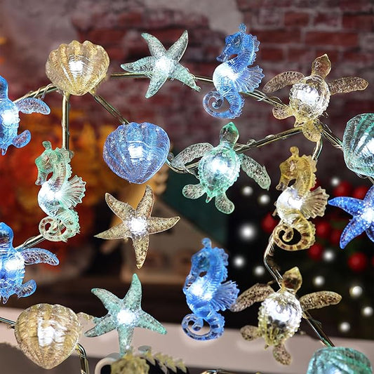 Nautical String Lights Sea Life Ocean Fairy Lights Plug in or Battery Operated Beach Decoration for Bedroom Turtle Seahorse Clam Starfish Marine Life String Lights 30LED 10ft Christmas Window Decor