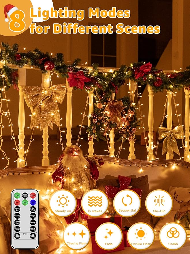 Guhope Christmas String Lights 1200LED 196FT, 8 Modes Dimmable Fairy Lights with Remote and Timer, Waterproof Christmas Lights for Festive Decoration Indoor Wedding Party Holiday (Warm White)