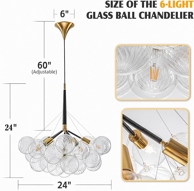 Longree Bubble Ball Glass Chandelier Black and Gold, 24 inches Swirled Blown Glass Globe Cluster Pendant Light Fixture for Bedroom Island Restaurant