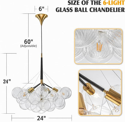Mid-Century Bubble Ball Chandelier Black Gold 6-Light Cluster Clear Swirled Blown Glass Globe Pendant Light Dia 24" Chandeliers Lighting Light Fixtures for Dining Room Bathroom Island Entryway