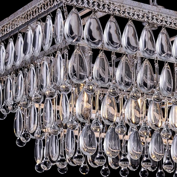 Wellmet Dining Room Crystal Chandelier, 30 Inch Antique Silver Rectangle Chandeliers Over Table, 4 Lights Farmhouse Kitchen Island Lighting, Vintage Crystal Chandelier Light Fixture for Living Room