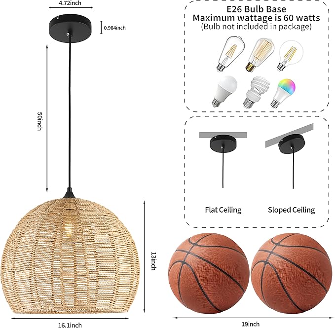16.1 inch Hemp Rope Woven Pendant Light Wicker Pendant Light Rattan Light Fixture Boho Chandelier Farmhouse Chandelier Dome Pendants Light for Dining Room Bedroom Kitchen