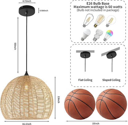 16.1 inch Hemp Rope Woven Pendant Light Wicker Pendant Light Rattan Light Fixture Boho Chandelier Farmhouse Chandelier Dome Pendants Light for Dining Room Bedroom Kitchen