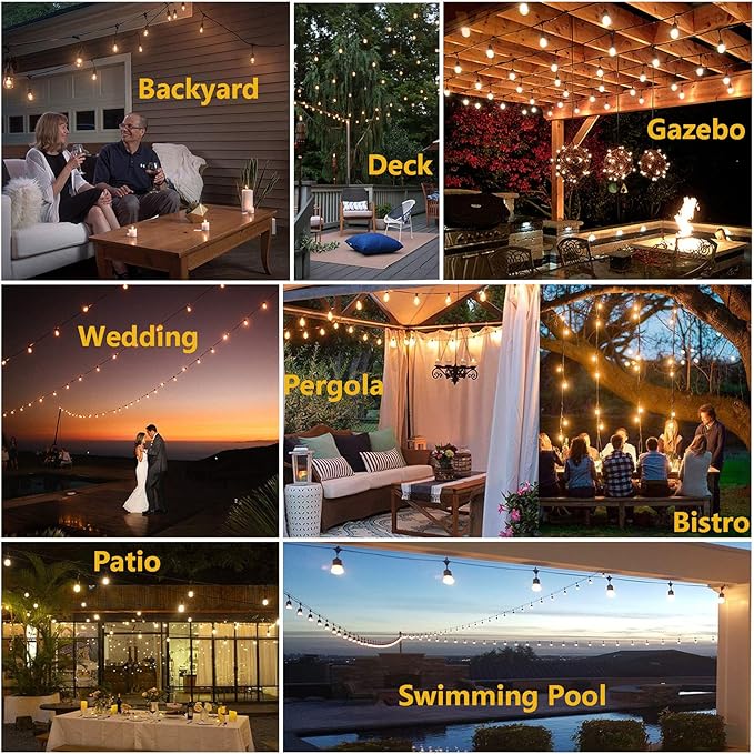 Outdoor String Lights LED 150FT Waterproof Heavy-Duty Patio Lights String with 50 Dimmable Shatterproof Plastic Edison Bulbs(4 Extra) for Gazebo Pergola Bistro Lights Connectable