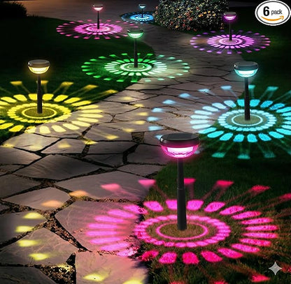 Ensenior Solar Pathway Lights IP65 Waterproof, RGB Color Changing & 3000K Warm White, 8-16Hr Runtime, Flower Pattern Garden Lights for Walkway Porch Yard - 6 Pack