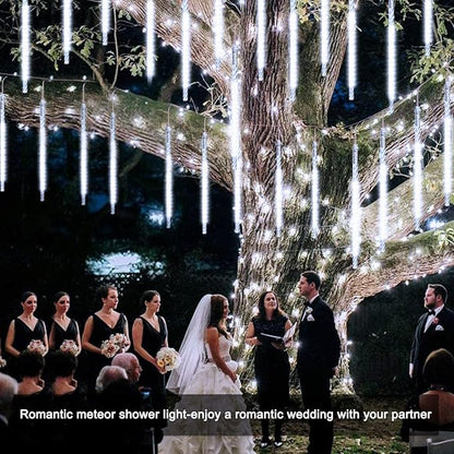 JMEXSUSS White Solar Christmas Lights, 8 Tube 144 LEDs Solar Meteor Shower Lights Outdoor, White Christmas Light for Tree Wedding Xmas Holiday Party Patio GazeboDecor
