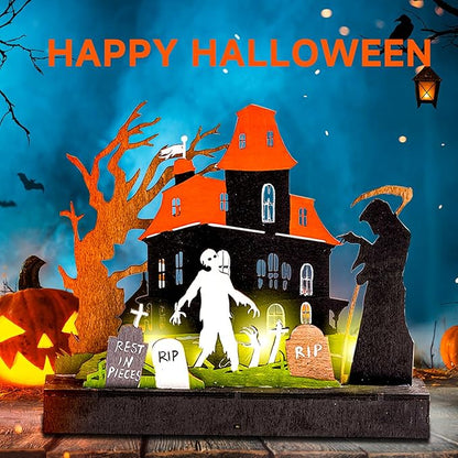 2 Pieces Wooden Halloween Table Decorations Indoor, Festival Decoration Night Light, Witch Tombstone Castle Halloween Decor for Desk Table Fireplace Room Living Room Kitchen Office Bar