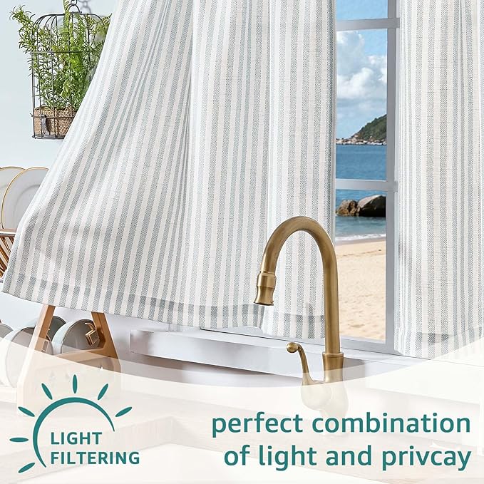 jinchan Striped Linen Kitchen Curtains 30 Inches Tier Curtains Farmhouse Modern Cafe Style Small Window Treatments Airy Light Filtering Rod Pocket for Living Room Bathroom 2 Panels Aqua Blue